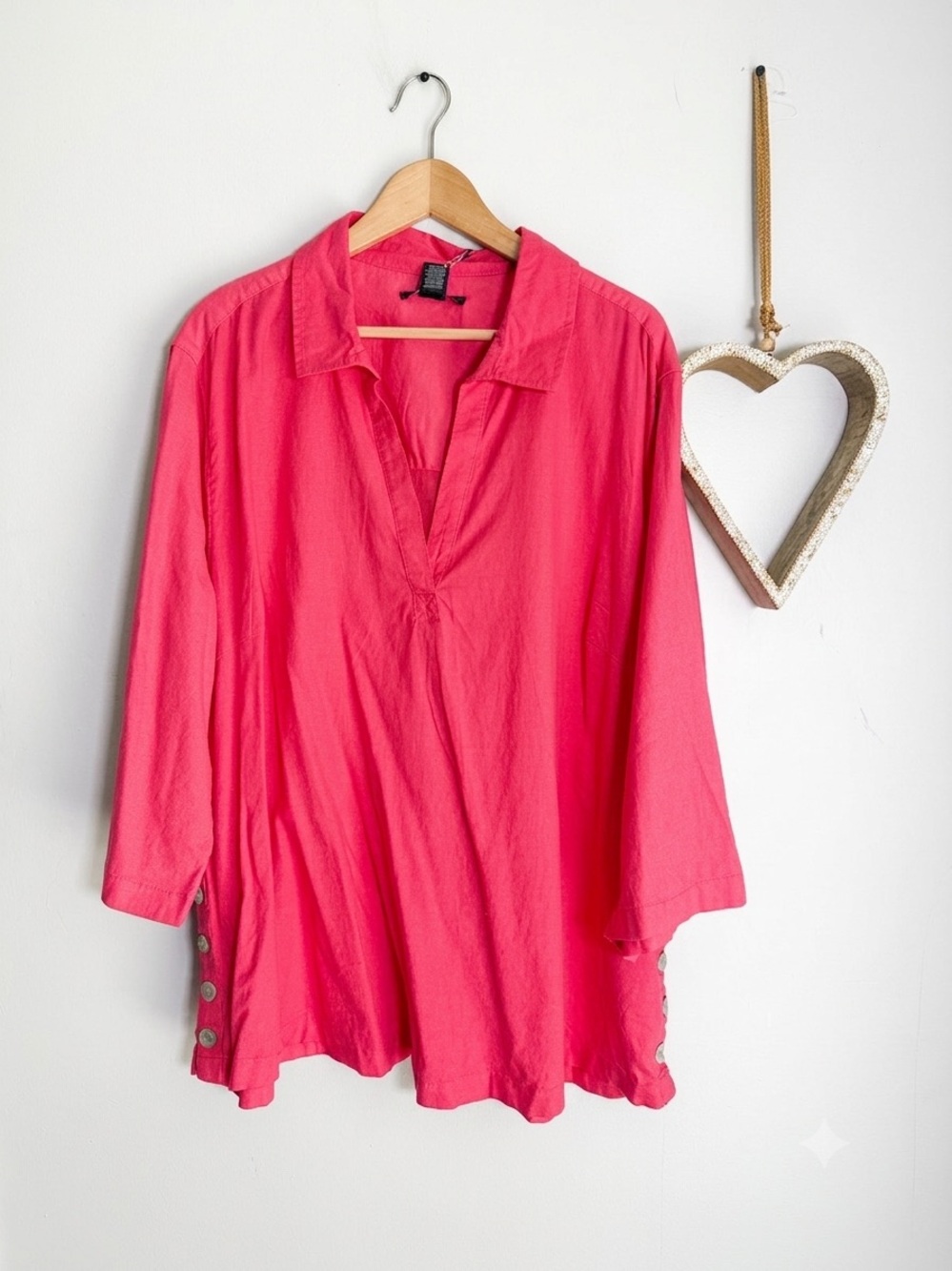 Tahari Linen Blend V-Neck Tunic Top Pink Plus Size 3X Side Button 3/4 Sleeve